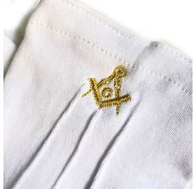Masonic - Guanti artigianali bianchi con ricamo a mano di squadra e  compasso azzurri. 100% cotone - taglia L bianco S : : Moda